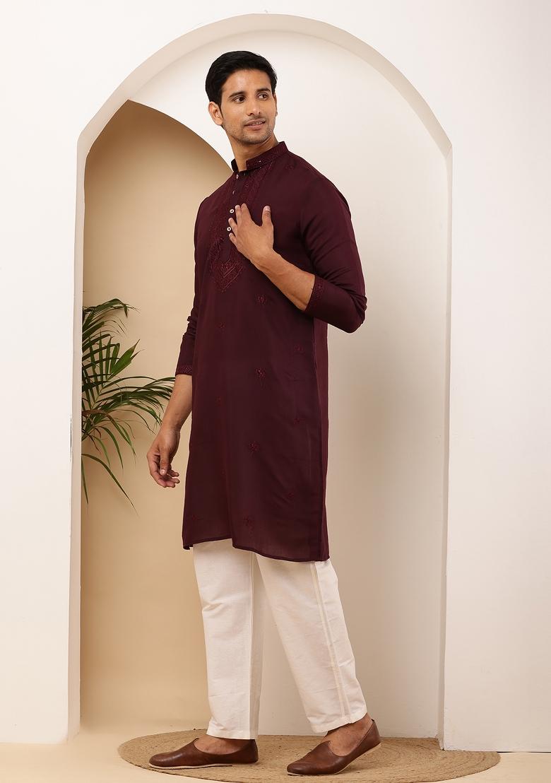 Maroon Machine Embroidered Viscose Rayon Kurta Set For Men
