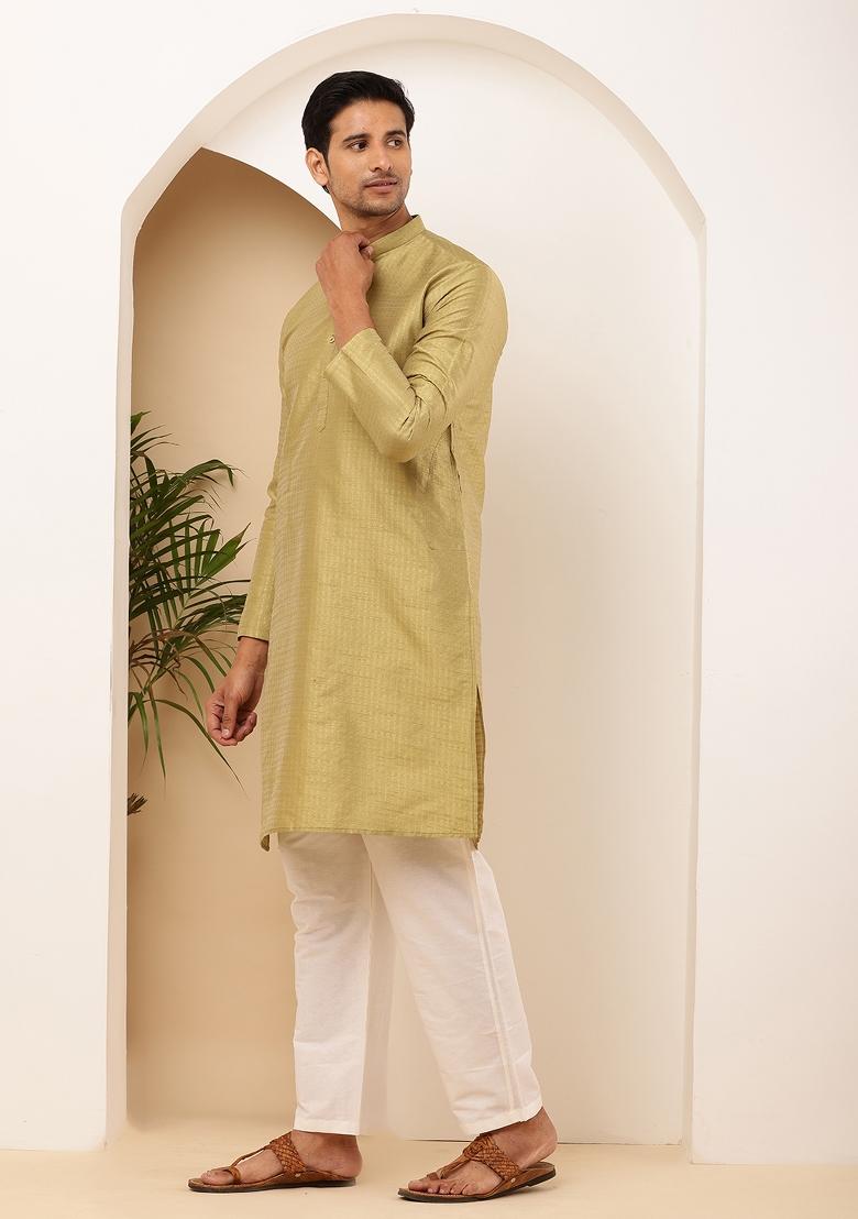 Olive Machine Embroidered Cotton Kurta Set For Men