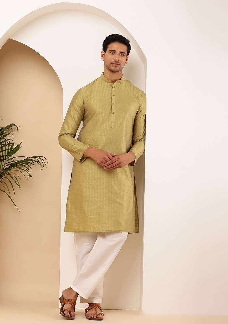 Olive Machine Embroidered Cotton Kurta Set For Men - Indya