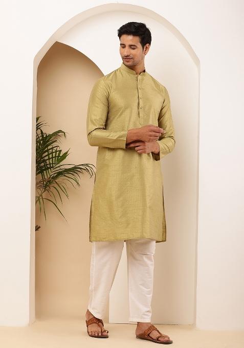 Olive Machine Embroidered Cotton Kurta Set For Men