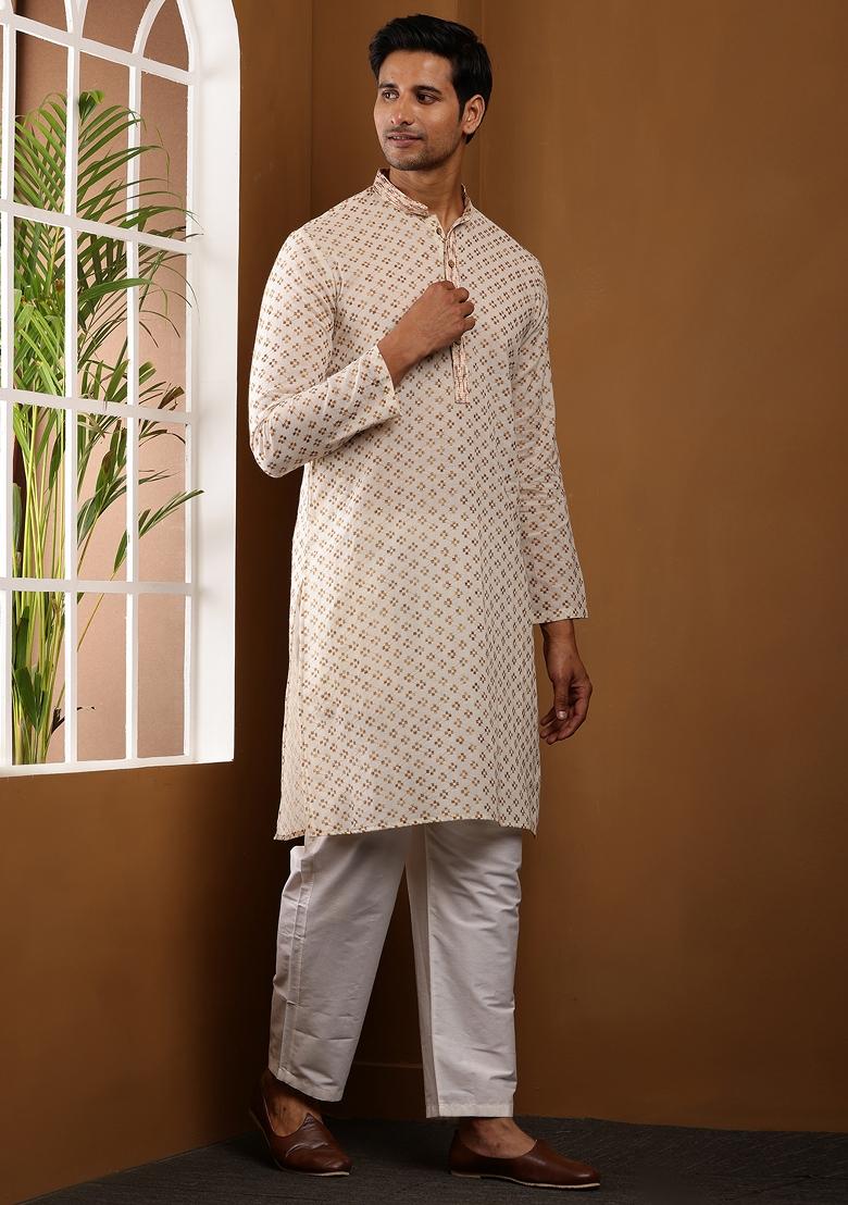 White Machine Embroidered Viscose Rayon Kurta Set For Men