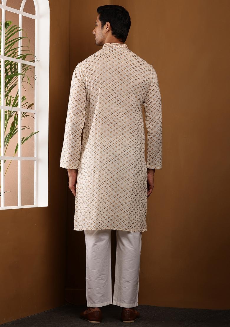 White Machine Embroidered Viscose Rayon Kurta Set For Men