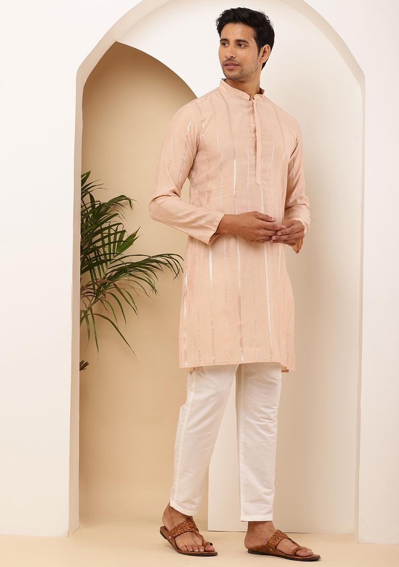 Peach Machine Embroidered Viscose Rayon Kurta Set For Men