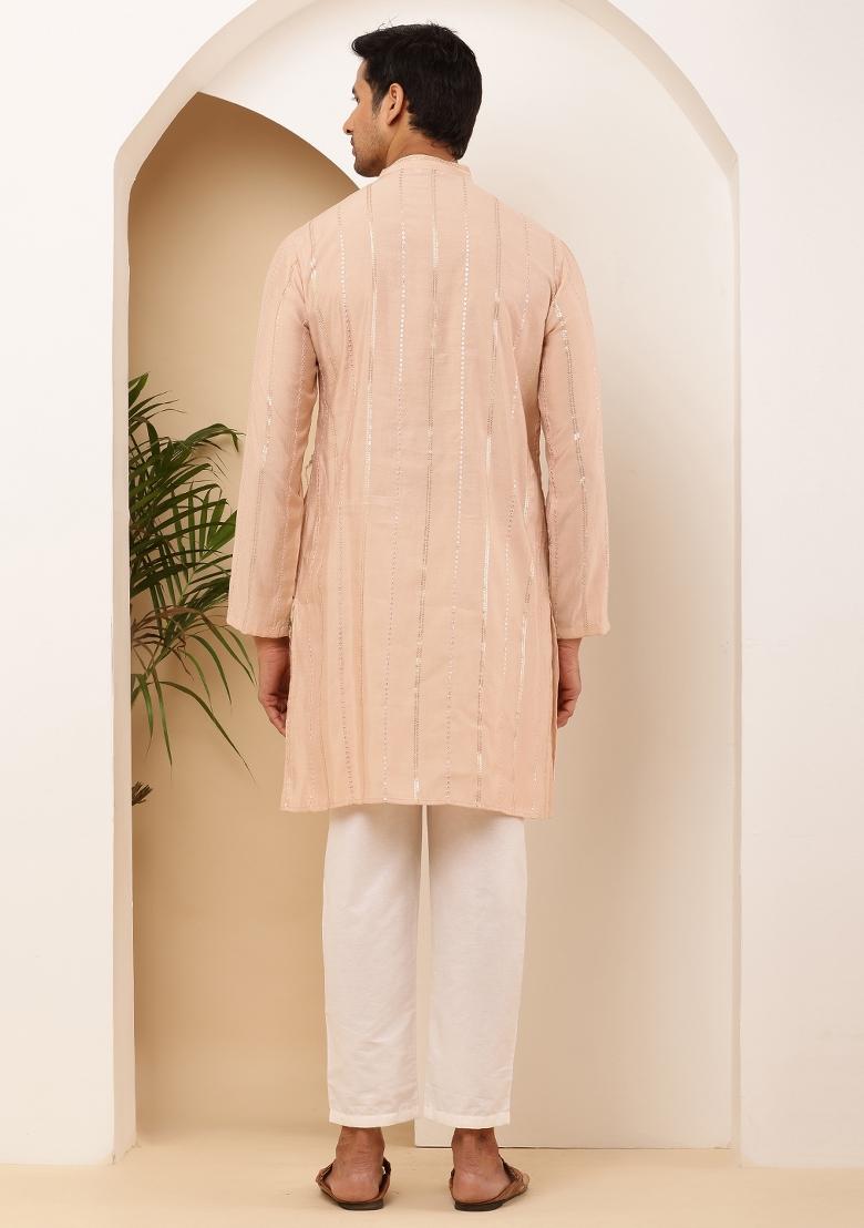 Peach Machine Embroidered Viscose Rayon Kurta Set For Men
