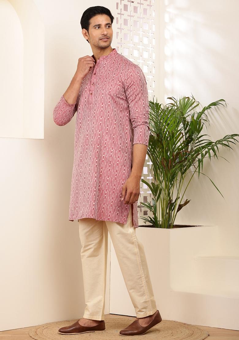 Pink Machine Embroidered Viscose Rayon Kurta Set For Men