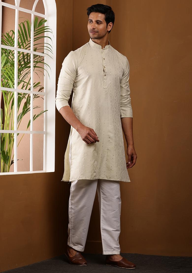 Beige Machine Embroidered Viscose Rayon Kurta Set For Men