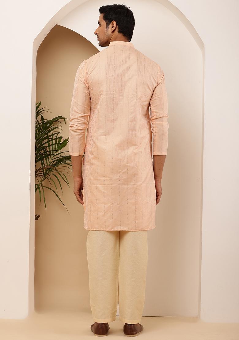 Peach Machine Embroidered Viscose Rayon Kurta Set For Men