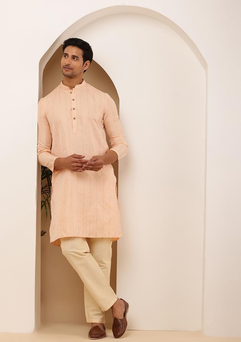 Peach Machine Embroidered Viscose Rayon Kurta Set For Men