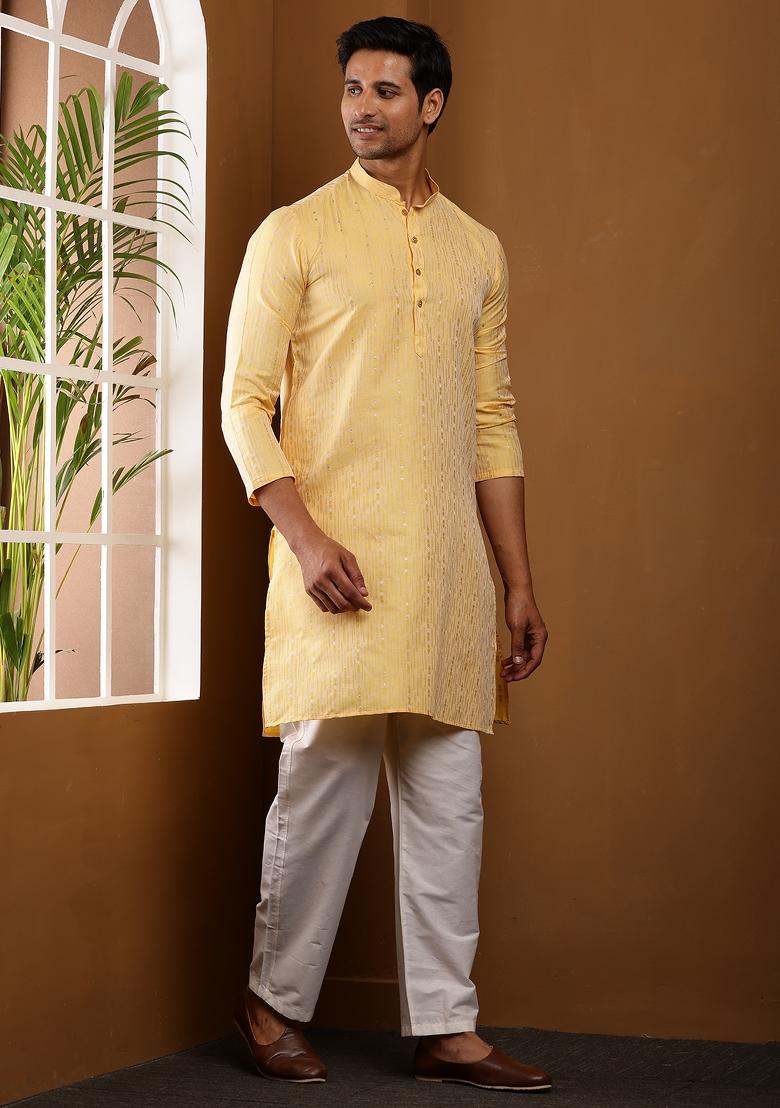 Yellow Machine Embroidered Viscose Rayon Kurta Set For Men