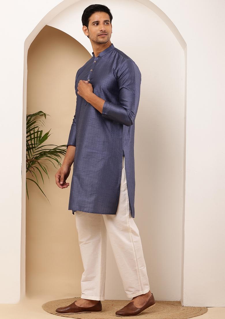 Navy Blue Machine Embroidered Viscose Rayon Kurta Set For Men