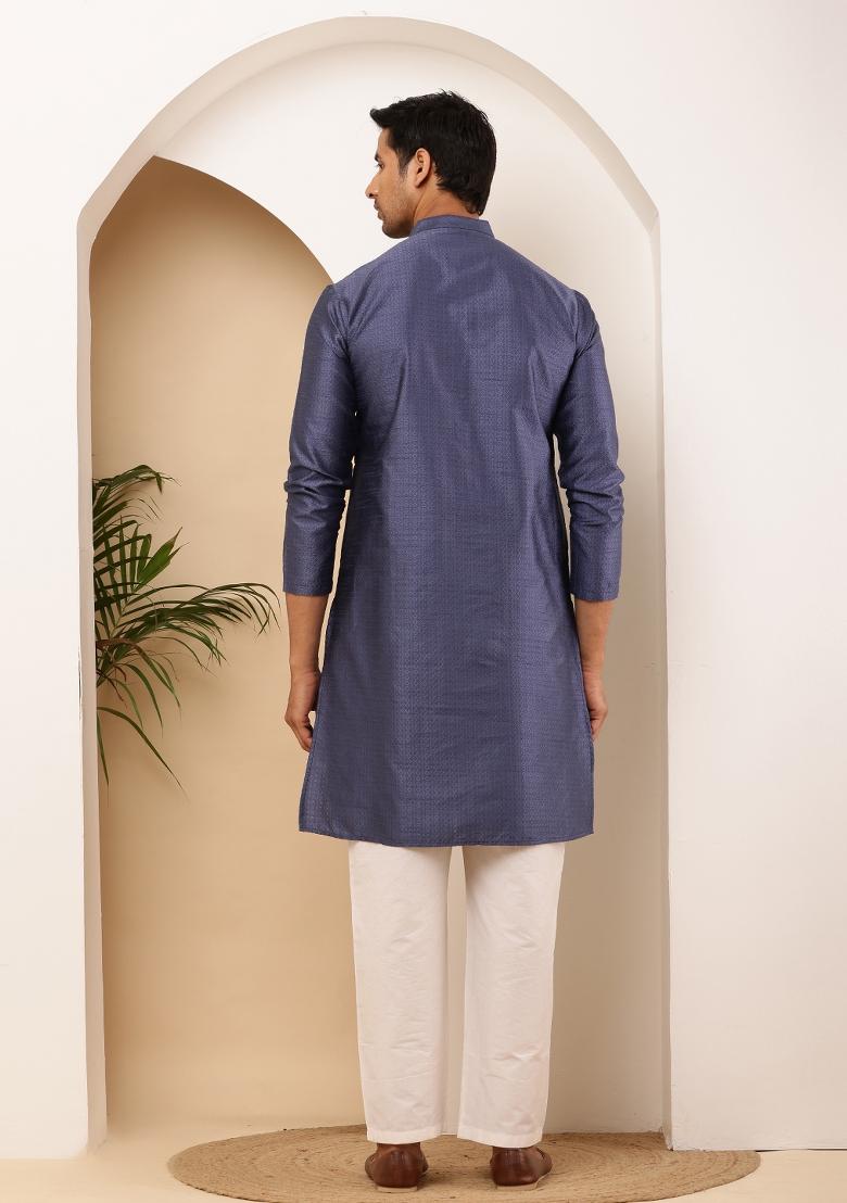 Navy Blue Machine Embroidered Viscose Rayon Kurta Set For Men