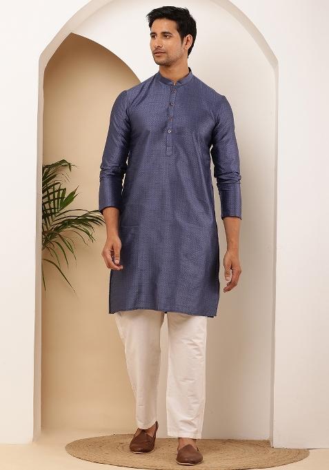 Navy Blue Machine Embroidered Viscose Rayon Kurta Set For Men