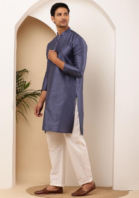 Navy Blue Machine Embroidered Viscose Rayon Kurta Set For Men