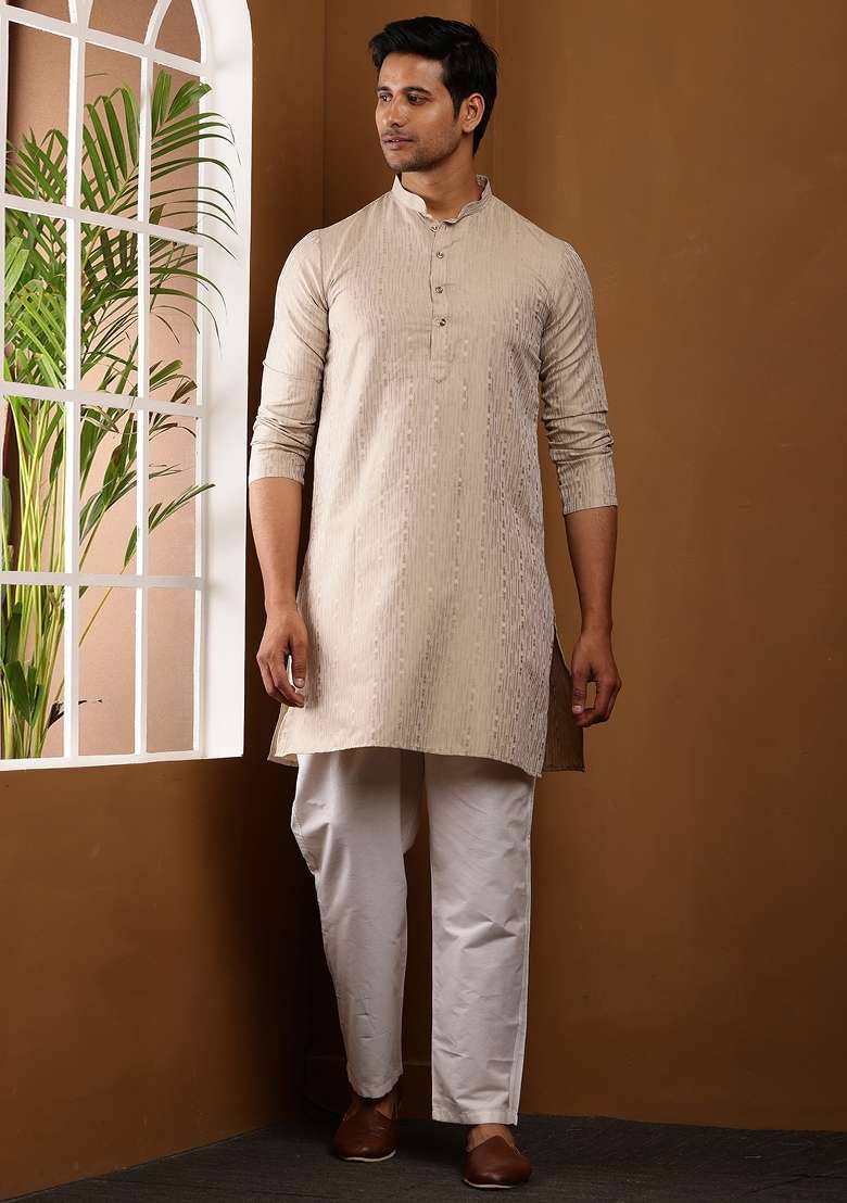 Beige Machine Embroidered Viscose Rayon Kurta Set For Men - Indya