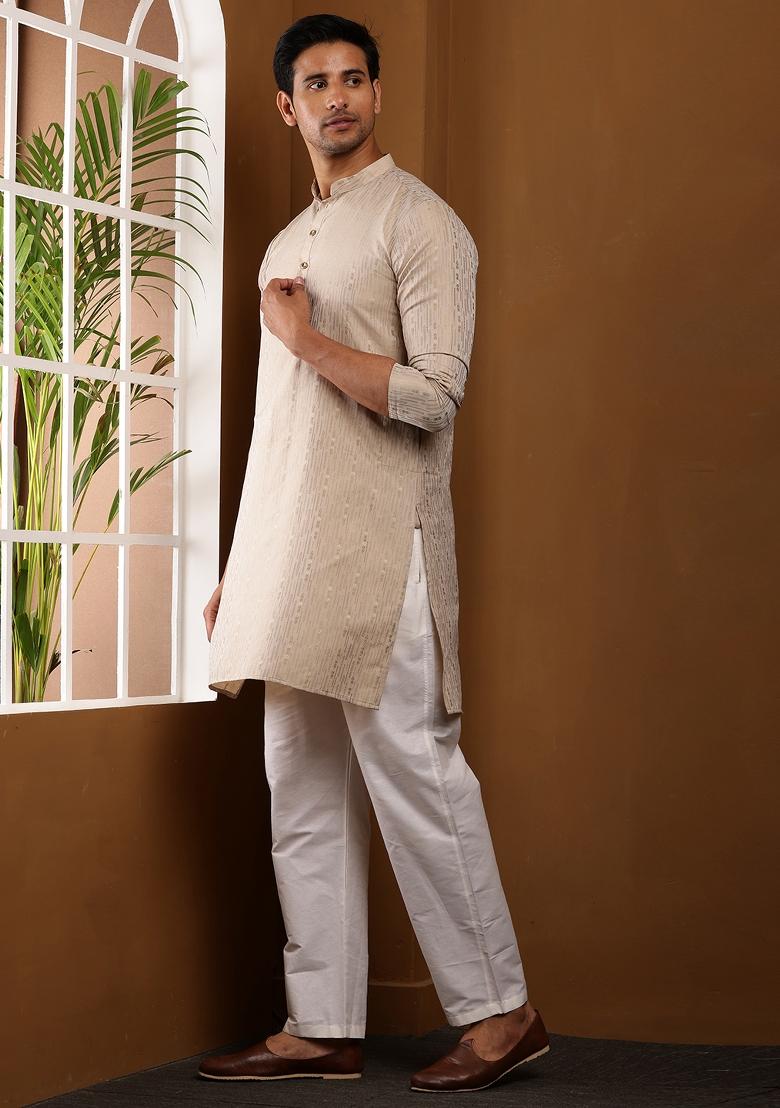 Beige Machine Embroidered Viscose Rayon Kurta Set For Men