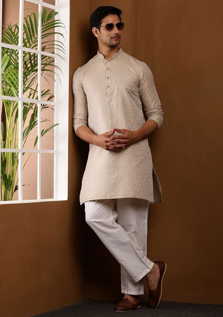 Beige Machine Embroidered Viscose Rayon Kurta Set For Men - Indya