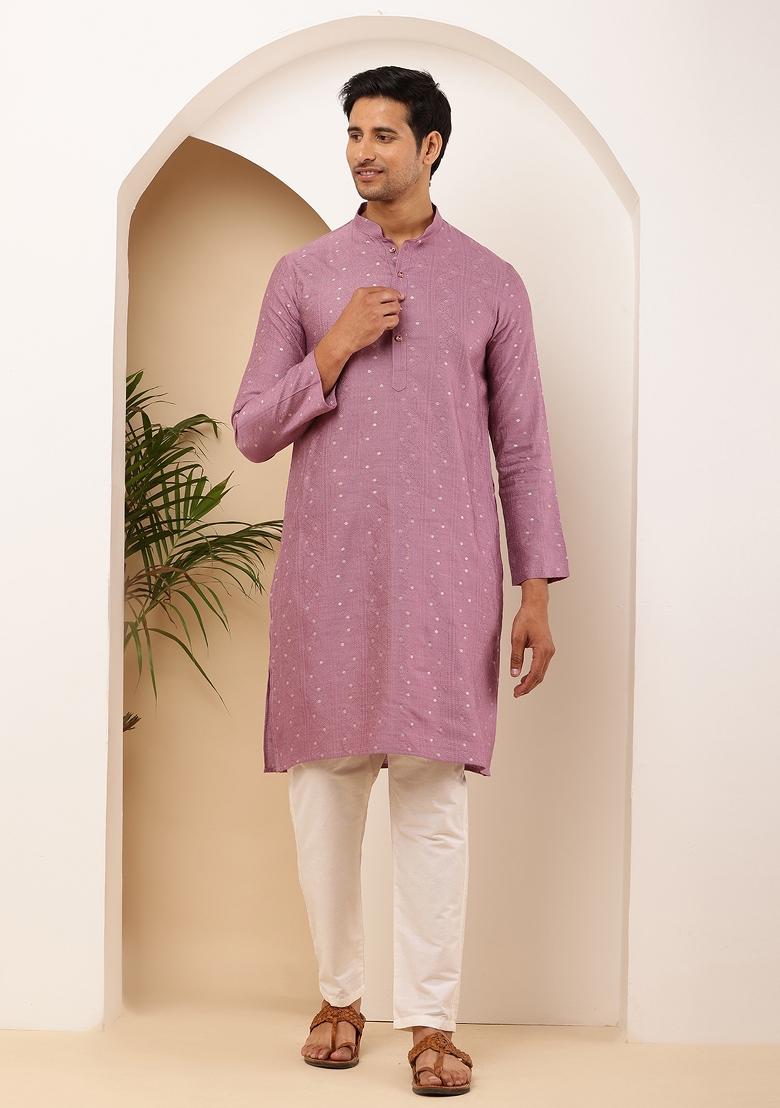 Purple Machine Embroidered Viscose Rayon Kurta Set For Men