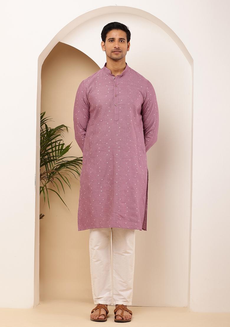 Purple Machine Embroidered Viscose Rayon Kurta Set For Men