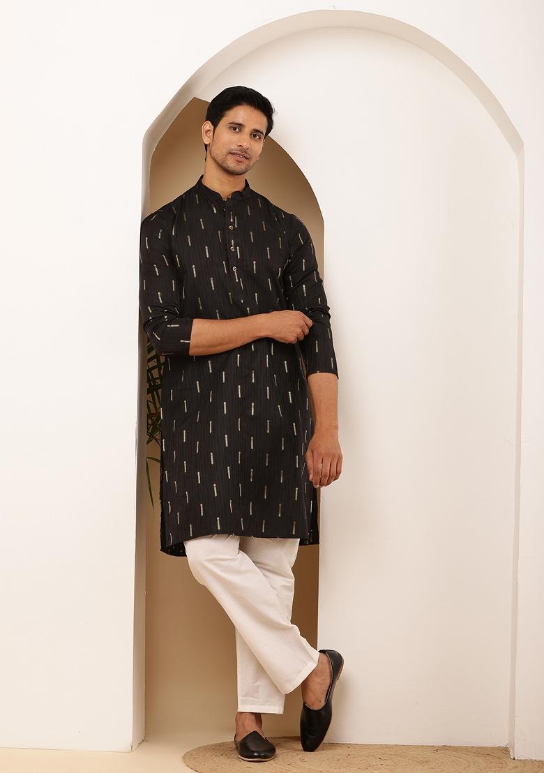 Black Machine Embroidered Viscose Rayon Kurta Set For Men