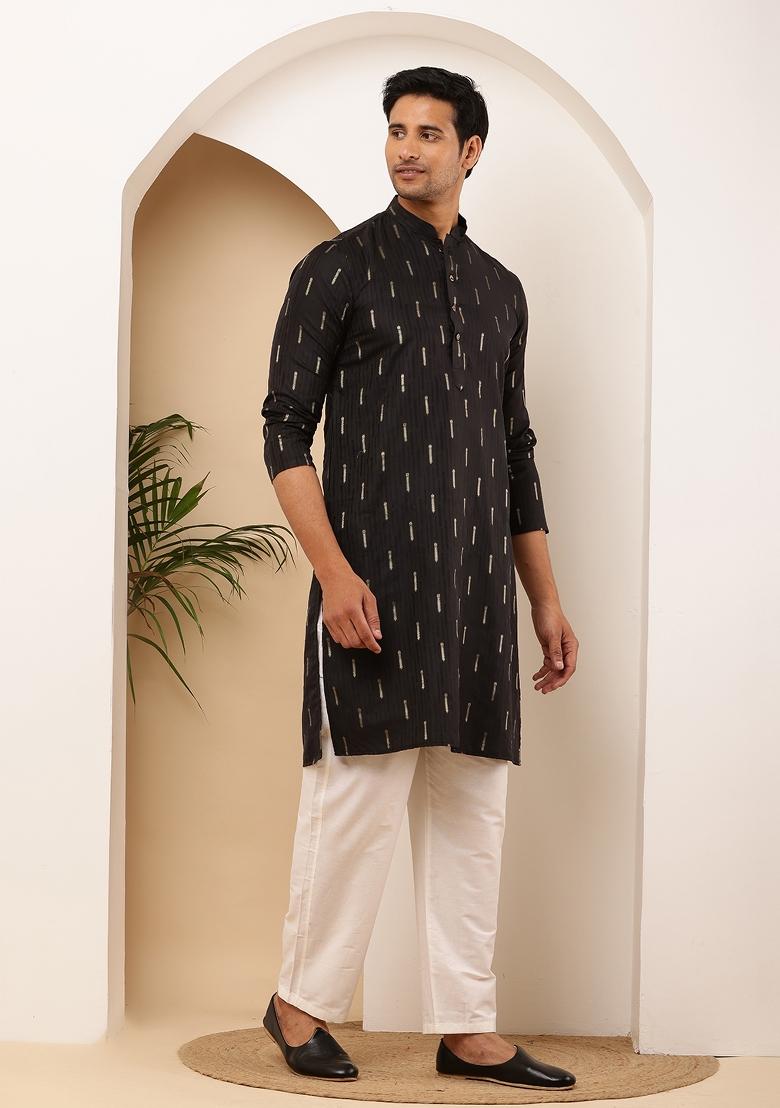Black Machine Embroidered Viscose Rayon Kurta Set For Men