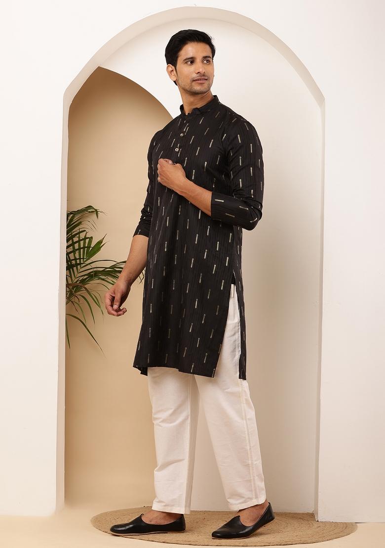 Black Machine Embroidered Viscose Rayon Kurta Set For Men