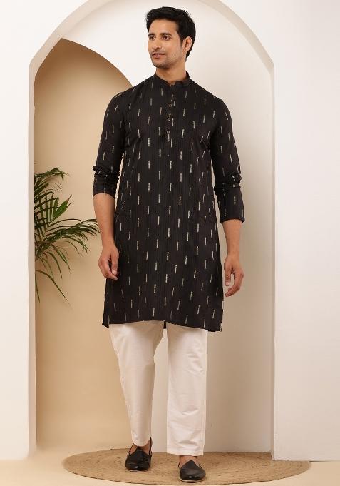 Black Machine Embroidered Viscose Rayon Kurta Set For Men