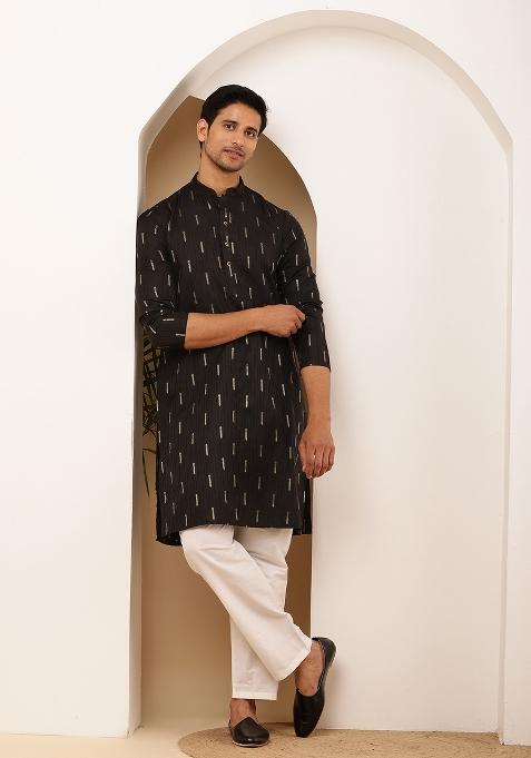 Black Machine Embroidered Viscose Rayon Kurta Set For Men