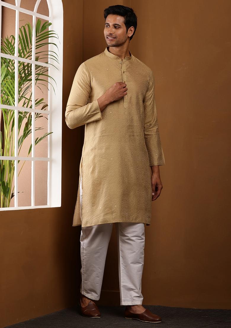 Beige Machine Embroidered Viscose Rayon Kurta Set For Men