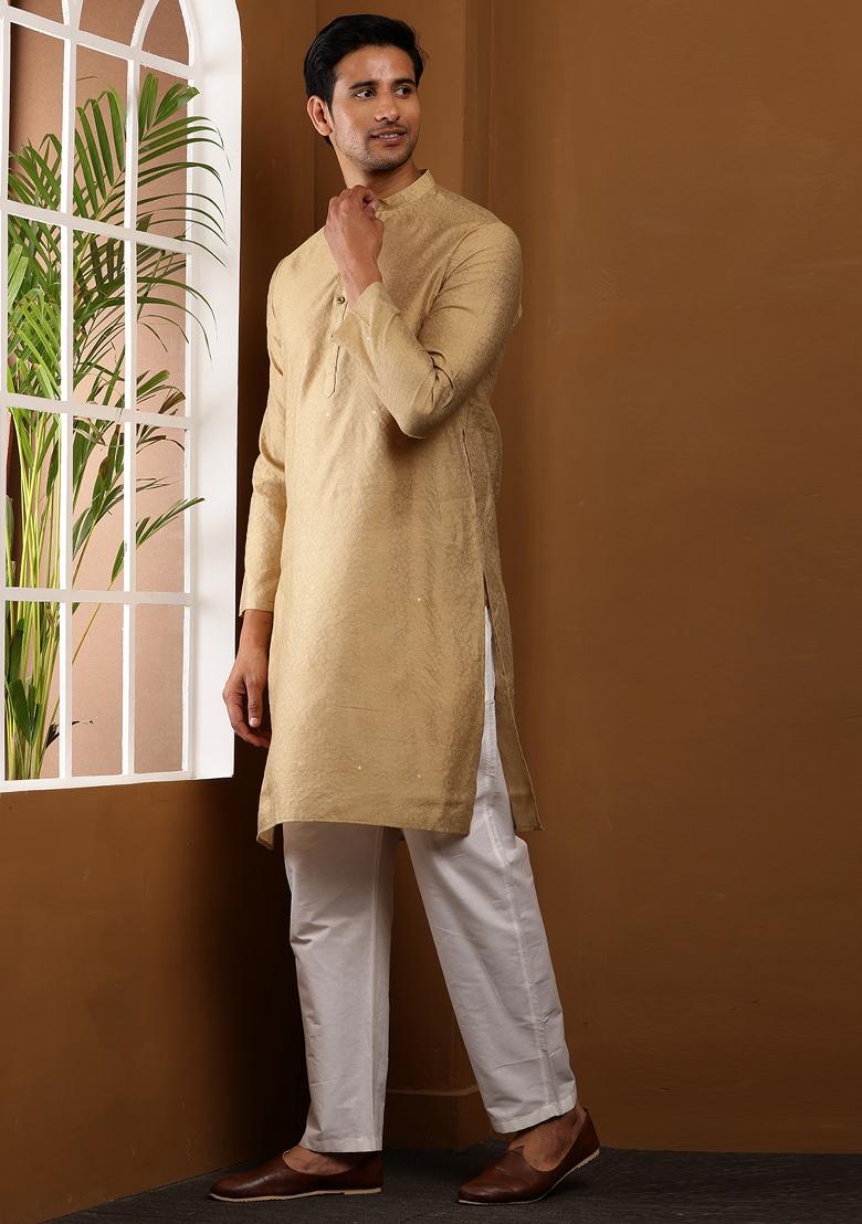 Beige Machine Embroidered Viscose Rayon Kurta Set For Men