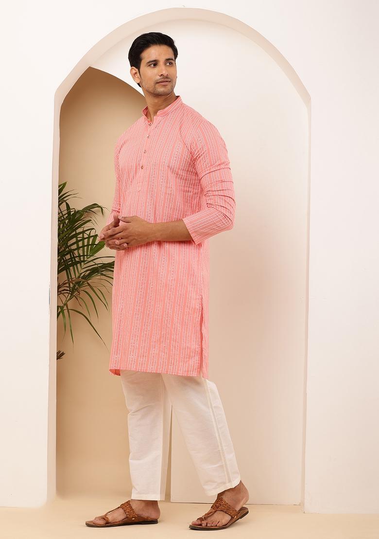 Pink Machine Embroidered Cotton Kurta Set For Men