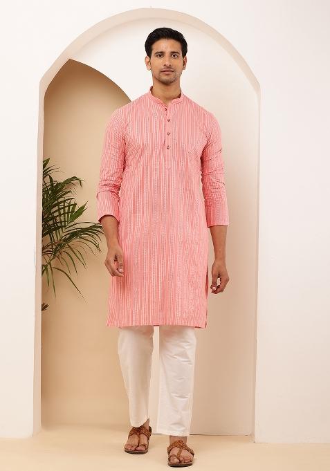 Pink Machine Embroidered Cotton Kurta Set For Men