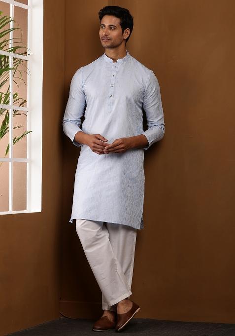 Light Blue Machine Embroidered Viscose Rayon Kurta Set For Men