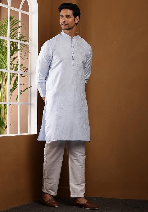 Light Blue Machine Embroidered Viscose Rayon Kurta Set For Men