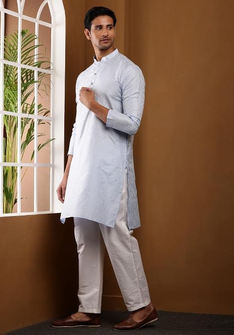 Light Blue Machine Embroidered Viscose Rayon Kurta Set For Men