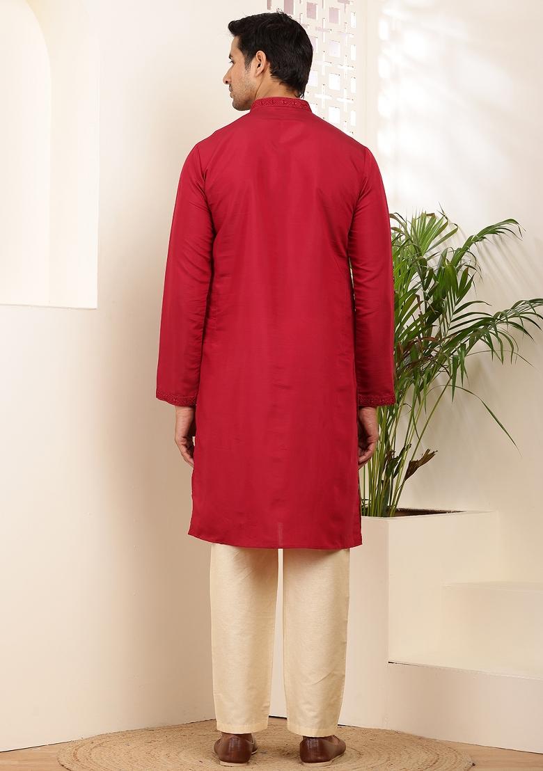 Red Machine Embroidered Viscose Rayon Kurta Set For Men
