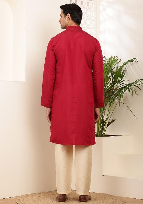 Red Machine Embroidered Viscose Rayon Kurta Set For Men