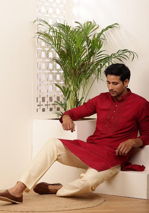 Red Machine Embroidered Viscose Rayon Kurta Set For Men