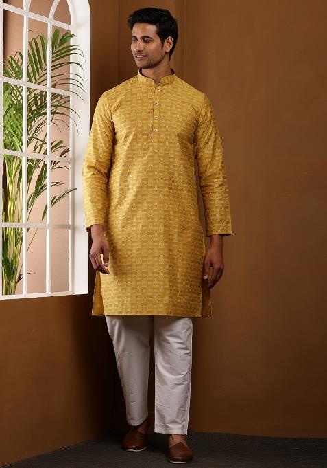 Mustard Yellow Machine Embroidered Viscose Rayon Kurta Set For Men