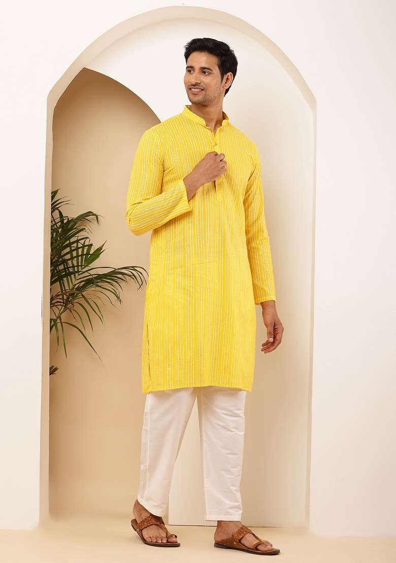 Yellow Machine Embroidered Cotton Kurta Set For Men - Indya