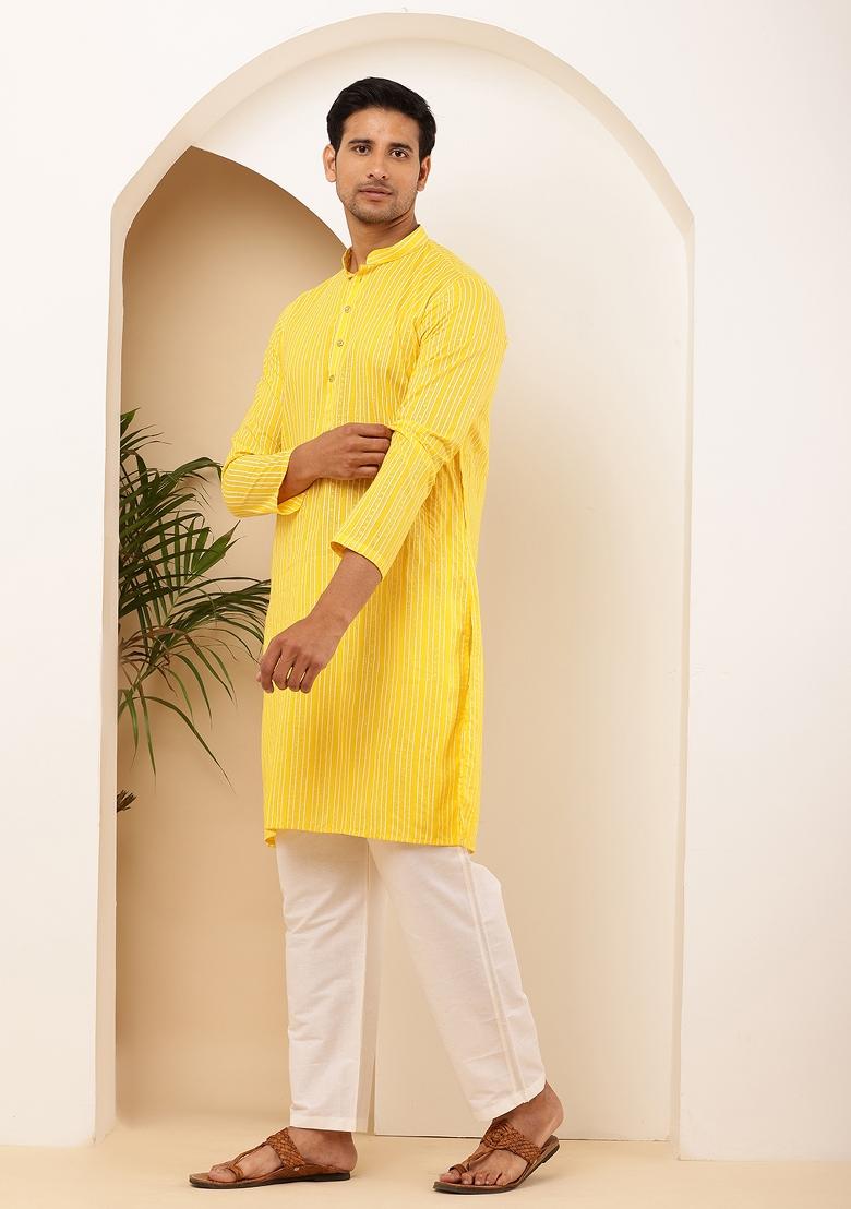 Yellow Machine Embroidered Cotton Kurta Set For Men
