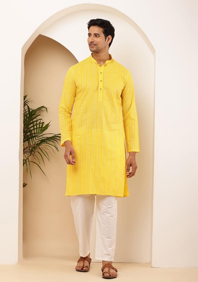 Yellow Machine Embroidered Cotton Kurta Set For Men