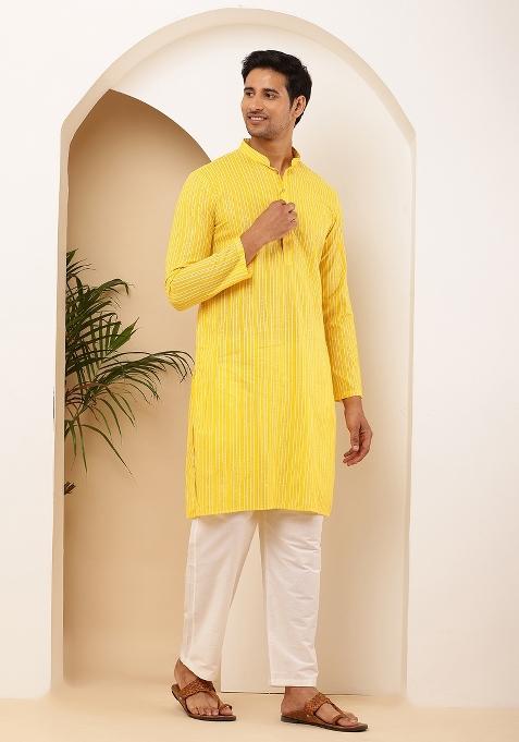 Yellow Machine Embroidered Cotton Kurta Set For Men