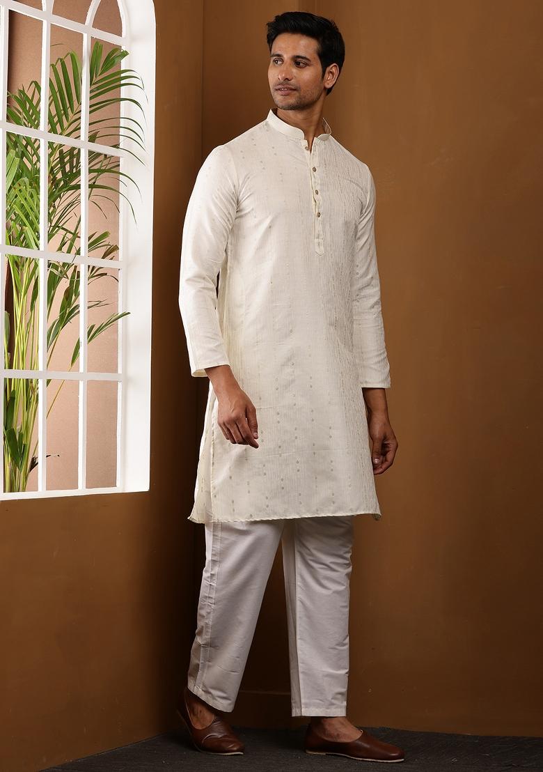 White Machine Embroidered Viscose Rayon Kurta Set For Men