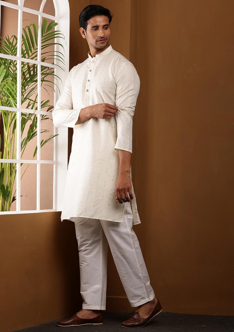 White Machine Embroidered Viscose Rayon Kurta Set For Men
