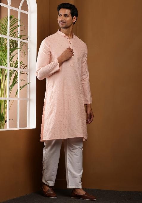 Peach Machine Embroidered Viscose Rayon Kurta Set For Men