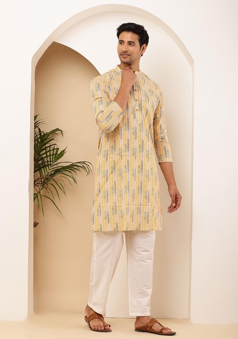 Yellow Machine Embroidered Cotton Kurta Set For Men