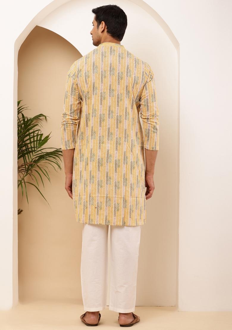 Yellow Machine Embroidered Cotton Kurta Set For Men