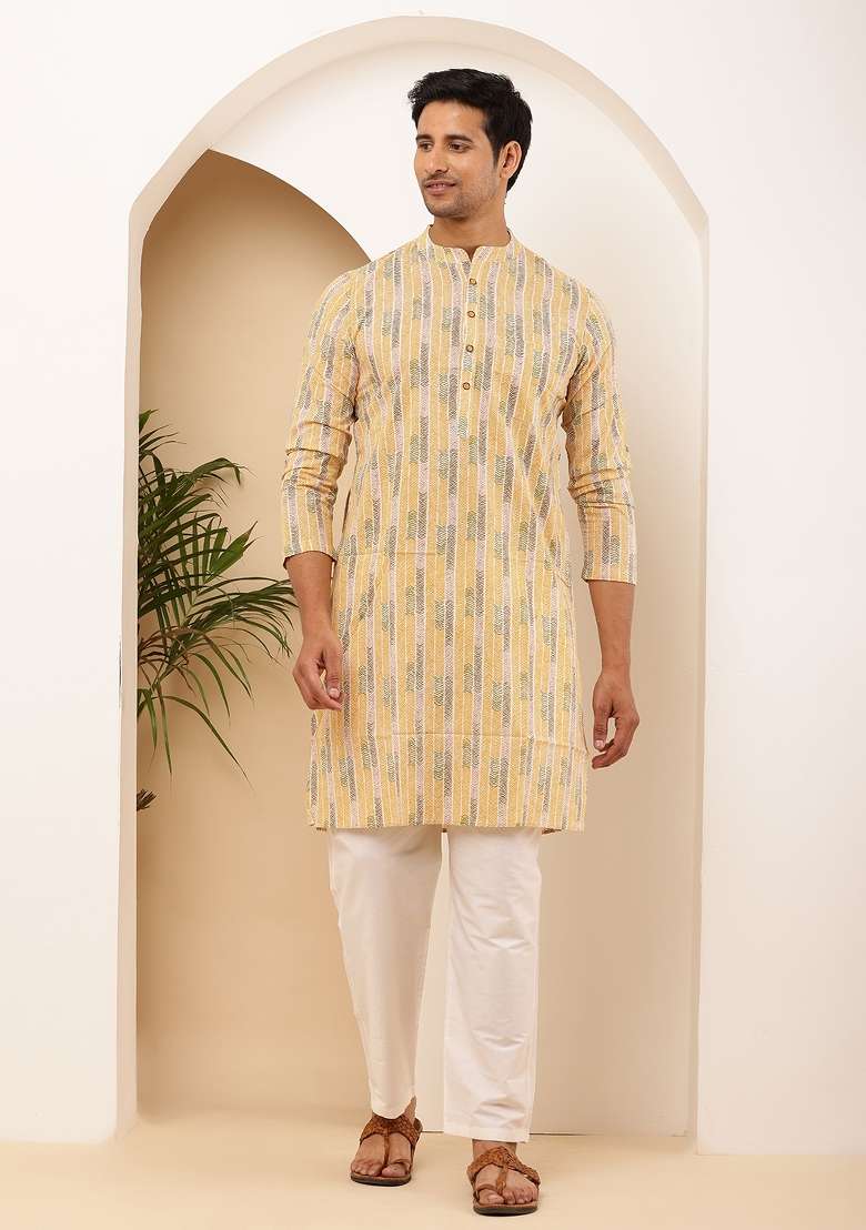 Yellow Machine Embroidered Cotton Kurta Set For Men - Indya