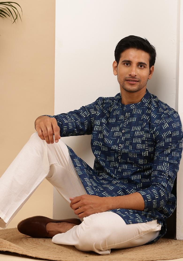 Navy Blue Machine Embroidered Cotton Kurta Set For Men
