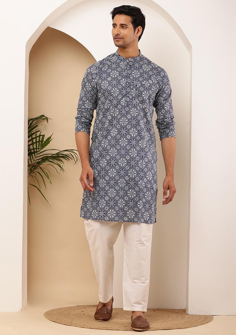 Indigo Machine Embroidered Cotton Kurta Set For Men